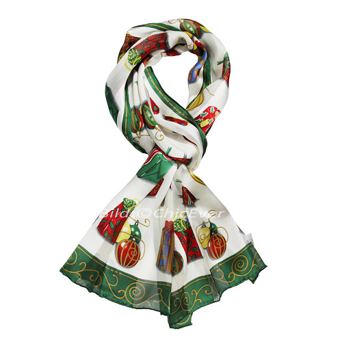 Schal aus Seide Weihnachten, Seidenschal, 28x150cm, grün, weiß, rot, gelb,4942